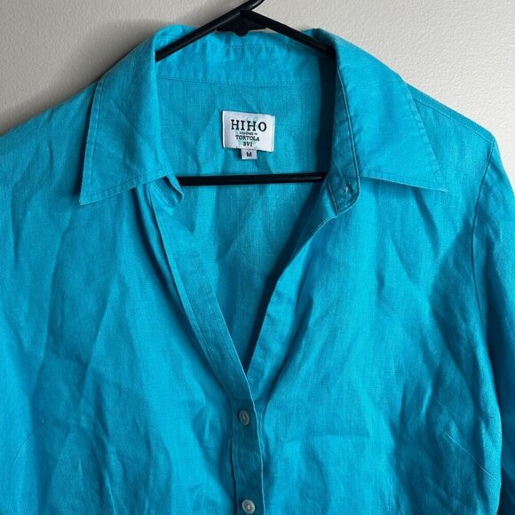 Hiho Designed in Tortola Button Up Top Womens Sz M Turquoise 100% Linen Coastal - Picture 2 of 11